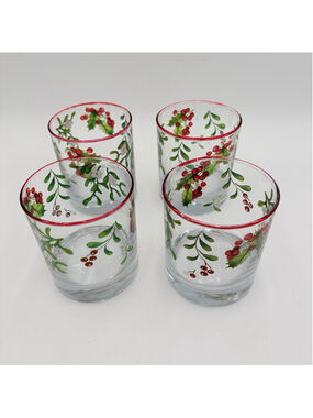 Christmas HOLLY MISTLETOE Rocks Glasses Set of 4 Red Rim Holiday Tumblers 3.5”